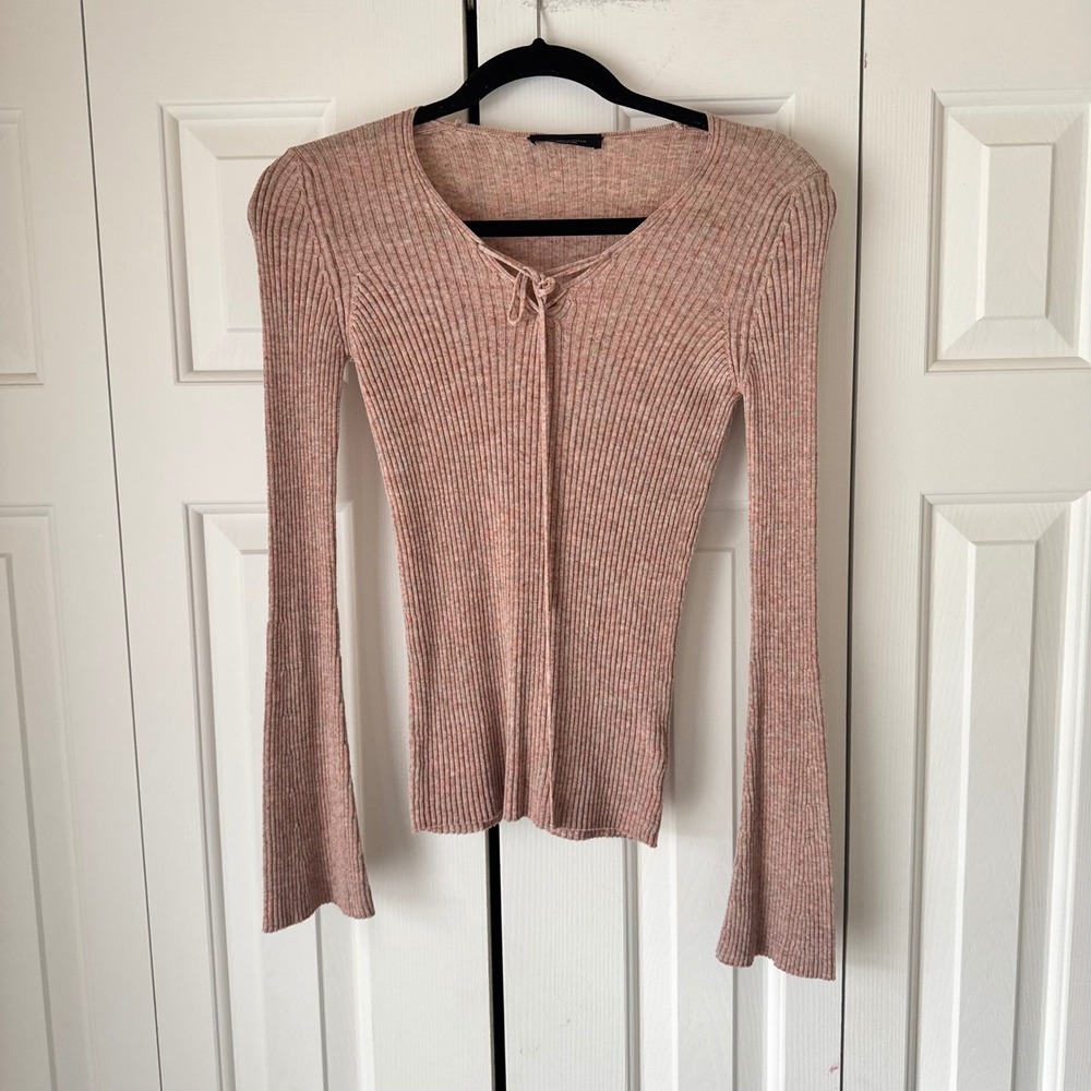 Roberto Collina Pink Ribbed Knit Lace Up V-Neck Bell Sleeve Top Made in Italy
